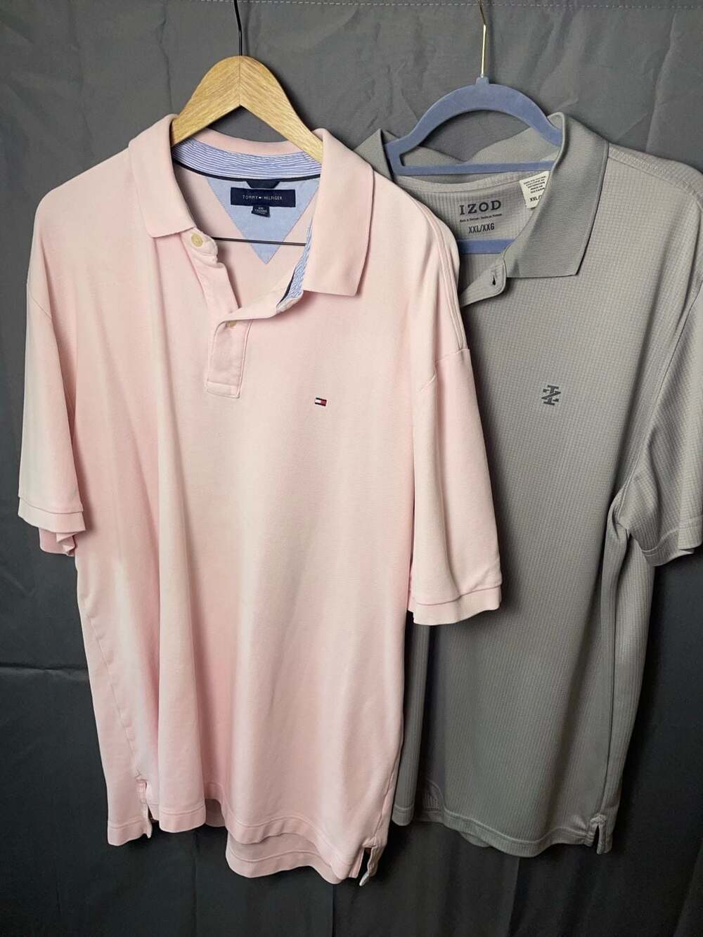 Lot of 2 Men's Polos: Tommy Hilfiger Pink Pique and IZOD Grey Sport Grid Polo XX